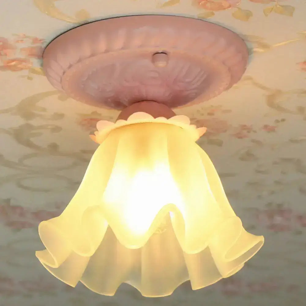 Pastoral Style Floral Flush Ceiling Light - White/Green/Pink Frosted Glass Single Bulb Mounted Lamp