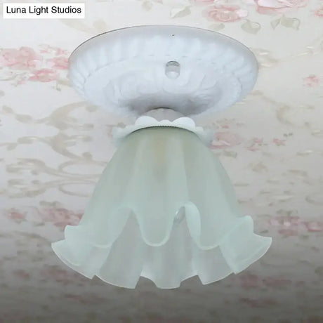 Pastoral Style Floral Flush Ceiling Light - White/Green/Pink Frosted Glass Single Bulb Mounted Lamp