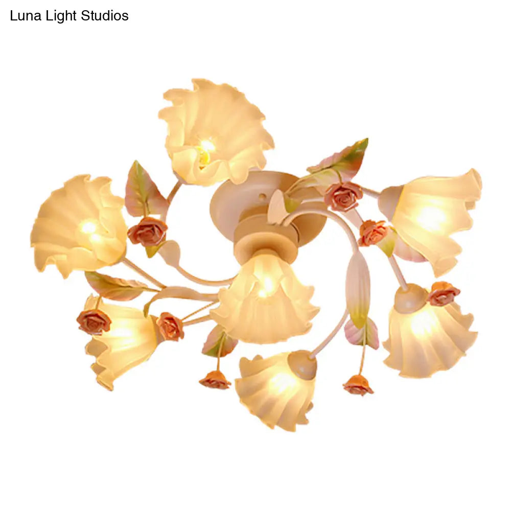Pastoral Style Floral Semi Flush Mount Ceiling Light With Frosted Glass Shade In White