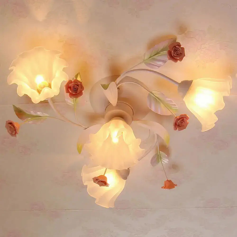 Pastoral Style Floral Semi Flush Mount Ceiling Light With Frosted Glass Shade In White 4 /