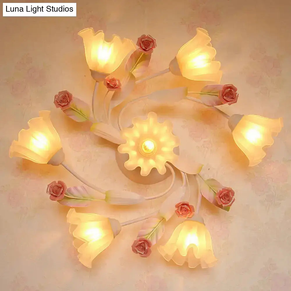 Pastoral Style Floral Semi Flush Mount Ceiling Light With Frosted Glass Shade In White