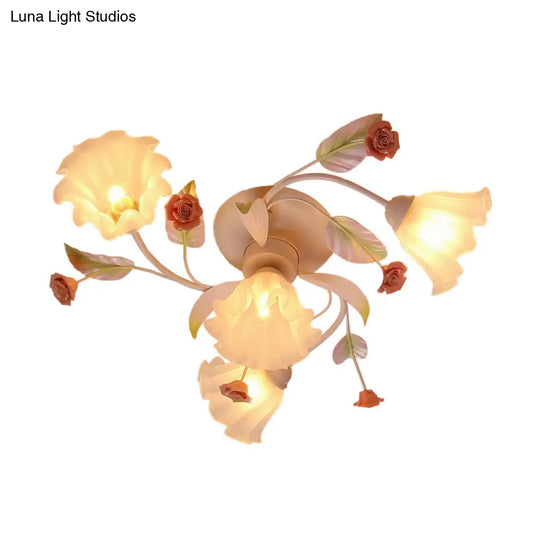Pastoral Style Floral Semi Flush Mount Ceiling Light With Frosted Glass Shade In White