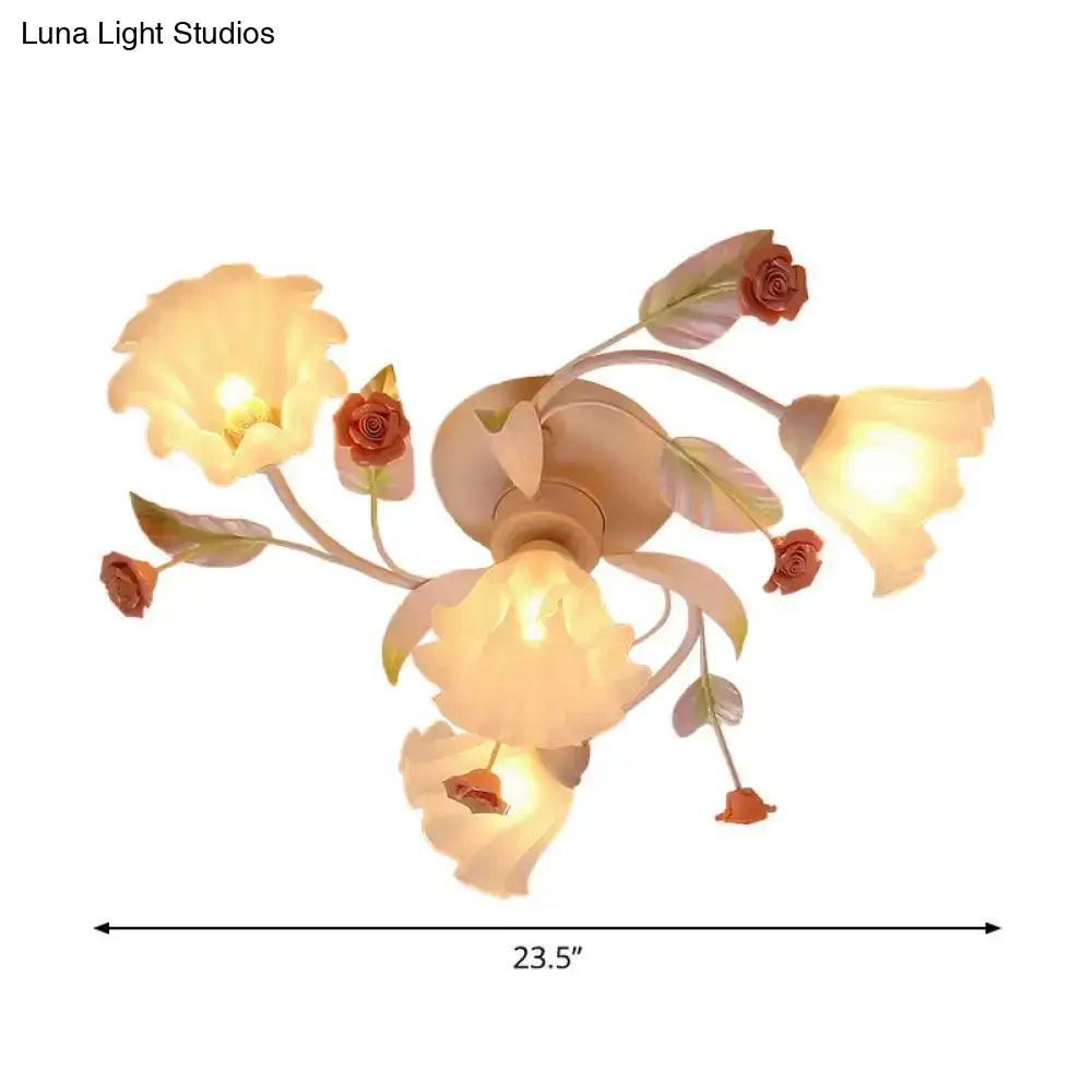 Pastoral Style Floral Semi Flush Mount Ceiling Light With Frosted Glass Shade In White