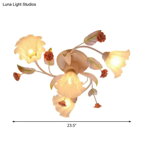 Pastoral Style Floral Semi Flush Mount Ceiling Light With Frosted Glass Shade In White