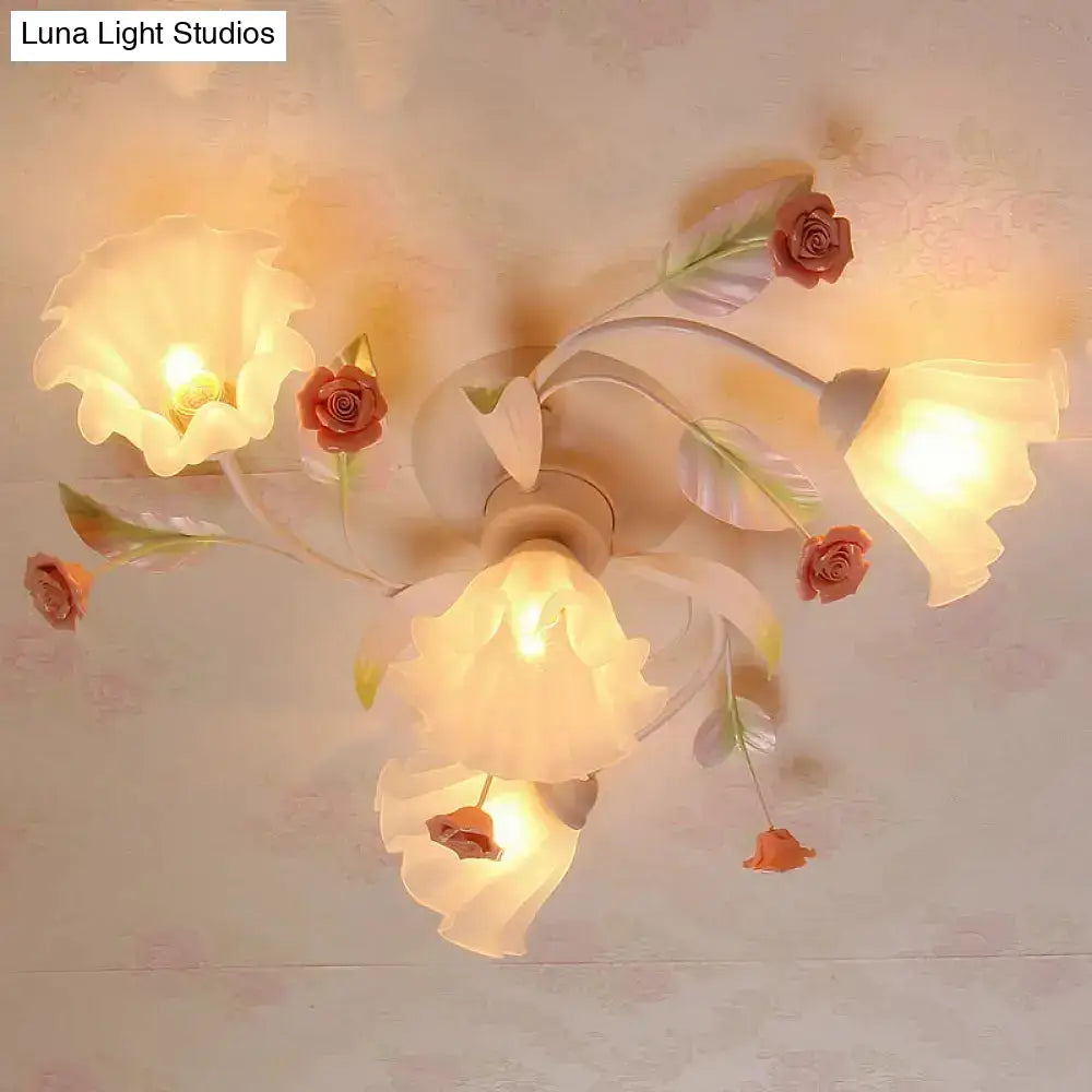 Pastoral Style Floral Semi Flush Mount Ceiling Light With Frosted Glass Shade In White