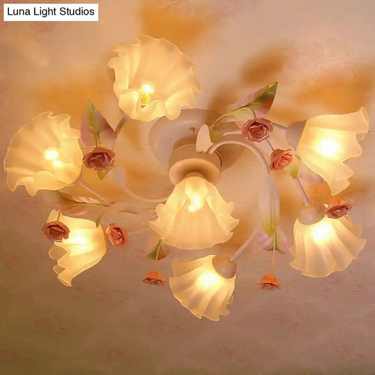 Pastoral Style Floral Semi Flush Mount Ceiling Light With Frosted Glass Shade In White