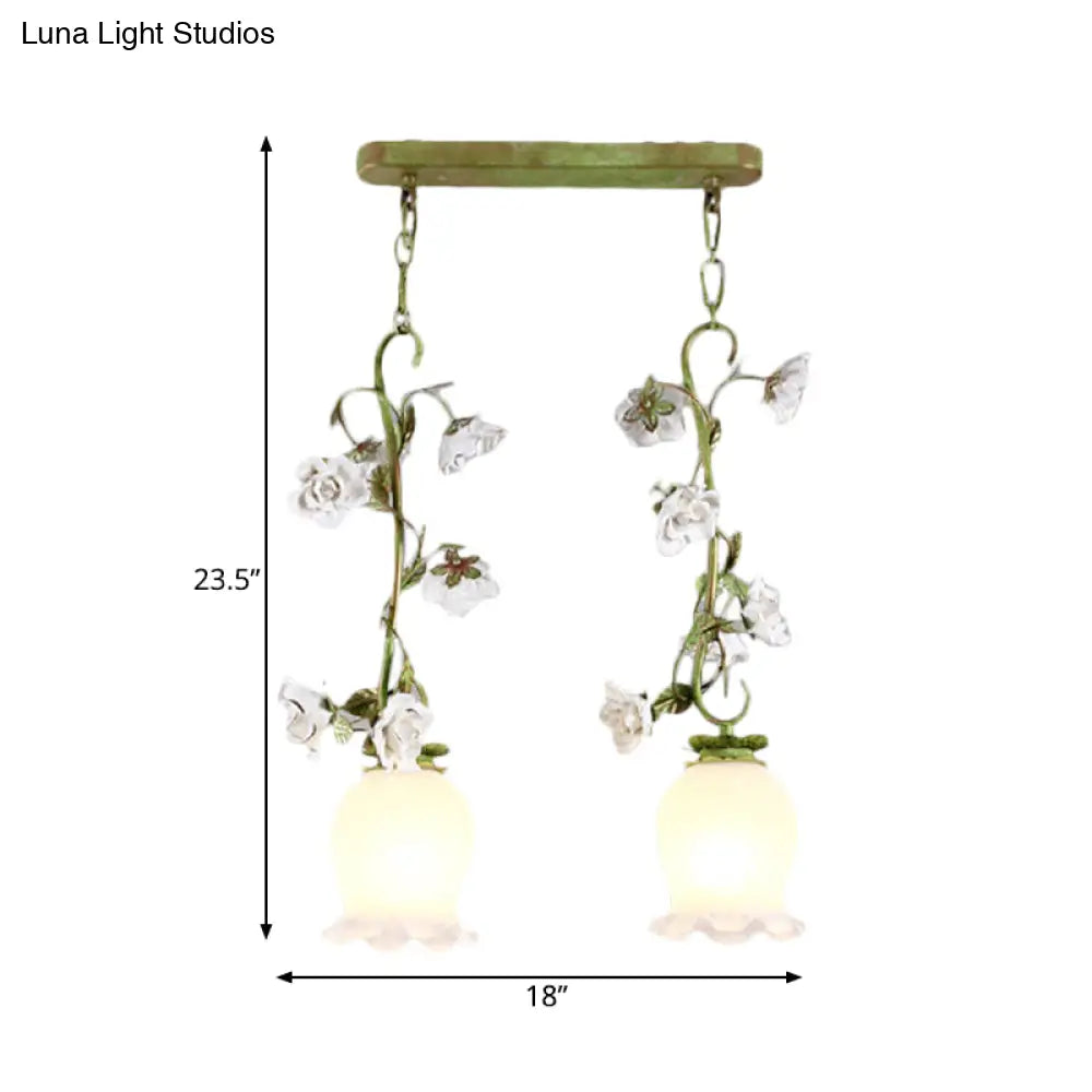 Pastoral Style Green Hanging Lamp With Multi Light Pendant For Dining Room - White Glass Flower