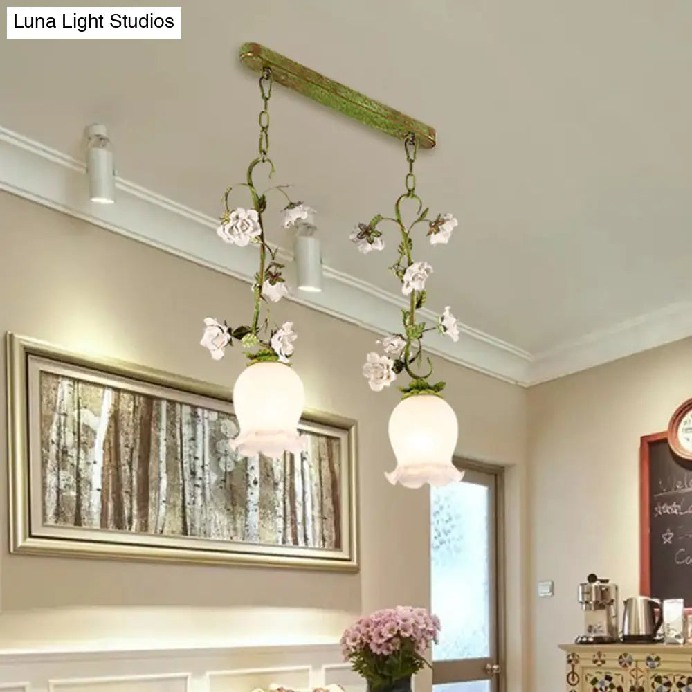 Pastoral Style Green Hanging Lamp With Multi Light Pendant For Dining Room - White Glass Flower