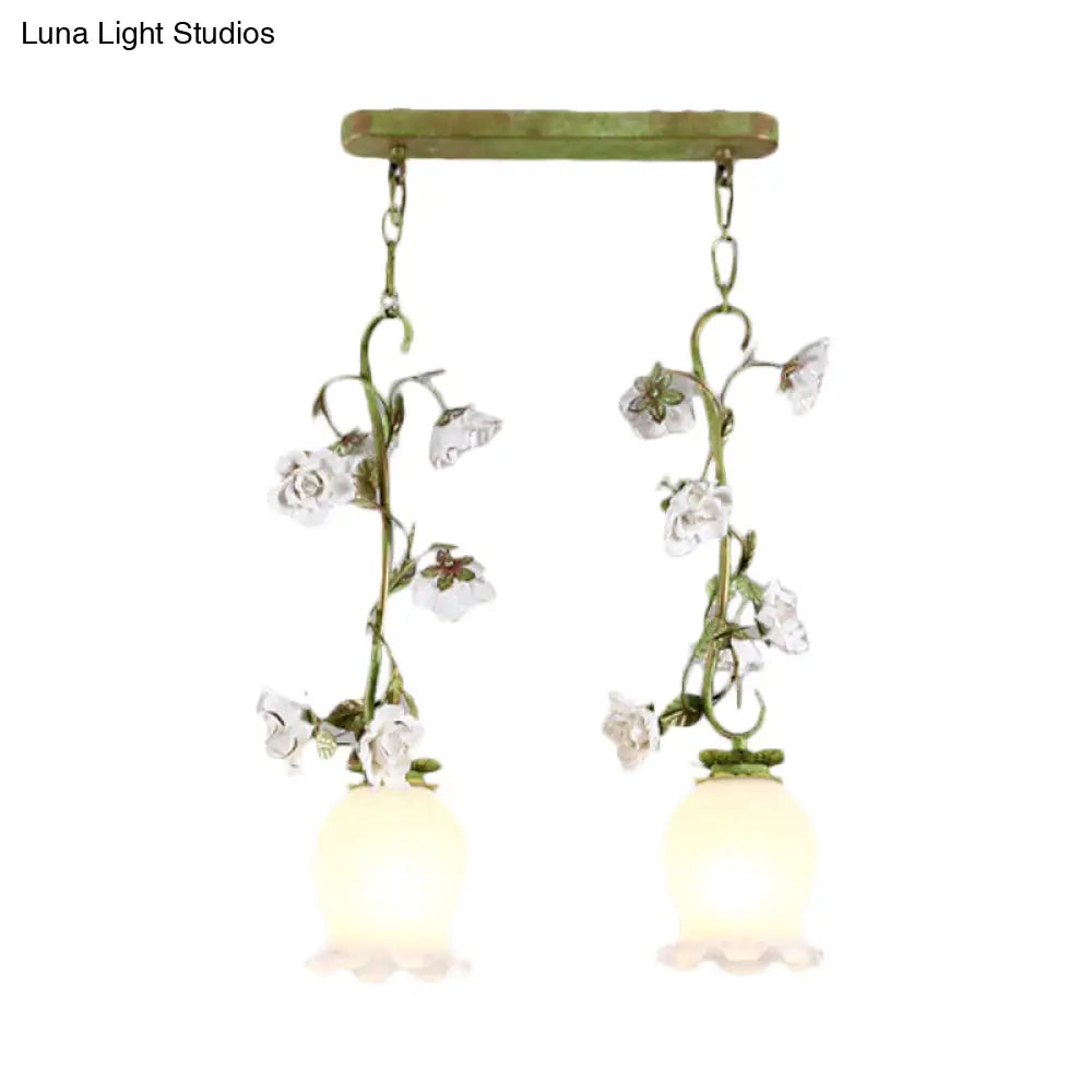 Pastoral Style Green Hanging Lamp With Multi Light Pendant For Dining Room - White Glass Flower