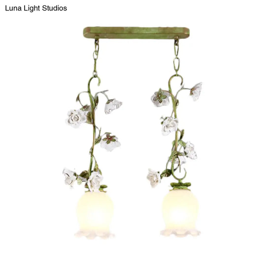 Pastoral Style Green Hanging Lamp With Multi Light Pendant For Dining Room - White Glass Flower