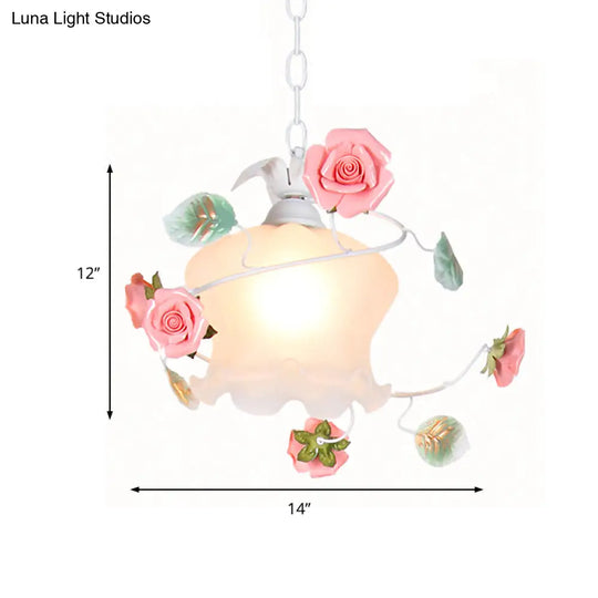 Pastoral Style Rose Hanging Lamp - 1-Bulb White Glass Pendant For Living Room