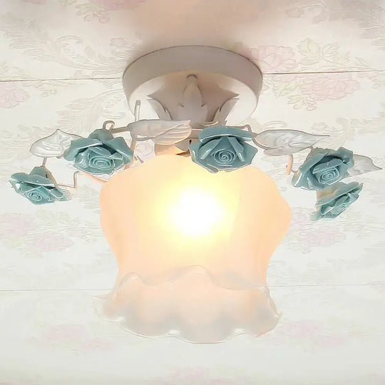 Pastoral Style Ruffle Glass Semi Flush Light In Pink/White/Blue - Perfect For Dining Room Ceiling