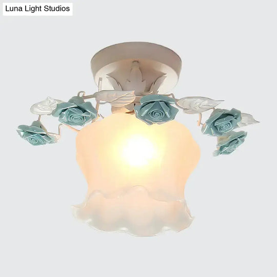 Pastoral Style Ruffle Glass Semi Flush Light In Pink/White/Blue - Perfect For Dining Room Ceiling