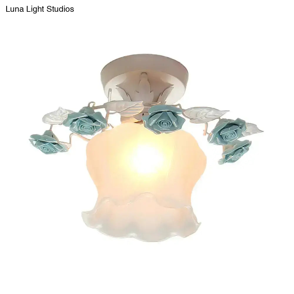 Pastoral Style Ruffle Glass Semi Flush Light In Pink/White/Blue - Perfect For Dining Room Ceiling