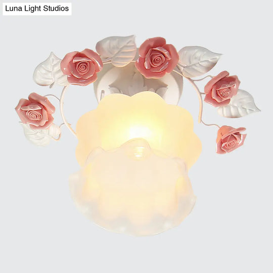 Pastoral Style Ruffle Glass Semi Flush Light In Pink/White/Blue - Perfect For Dining Room Ceiling