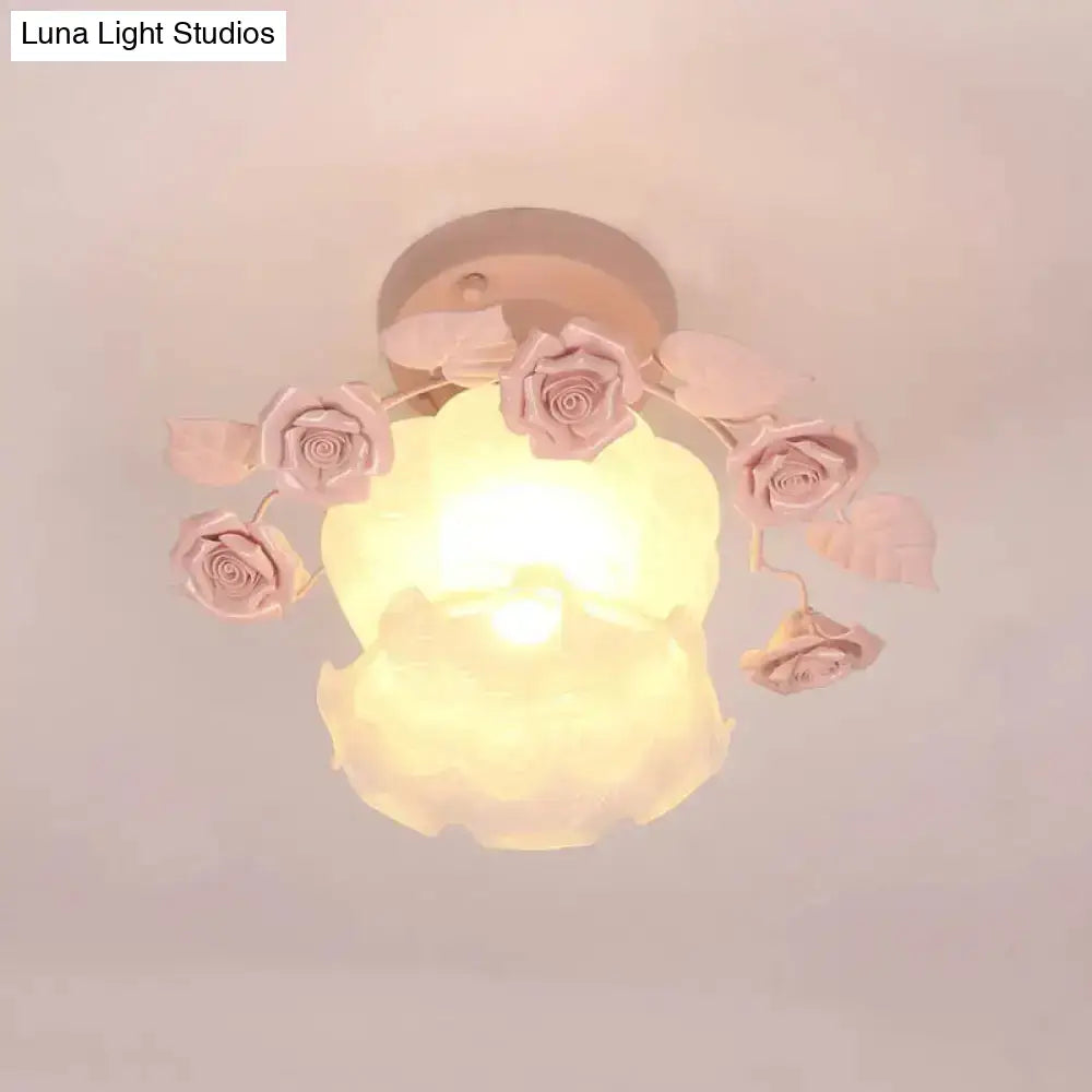 Pastoral Style Ruffle Glass Semi Flush Light In Pink/White/Blue - Perfect For Dining Room Ceiling