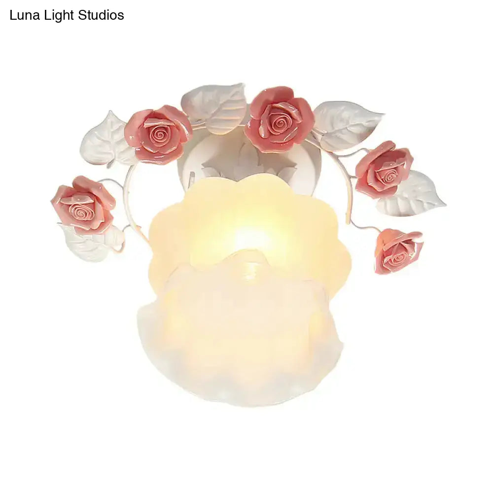 Pastoral Style Ruffle Glass Semi Flush Light In Pink/White/Blue - Perfect For Dining Room Ceiling