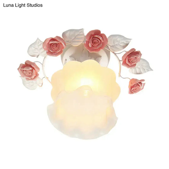 Pastoral Style Ruffle Glass Semi Flush Light In Pink/White/Blue - Perfect For Dining Room Ceiling