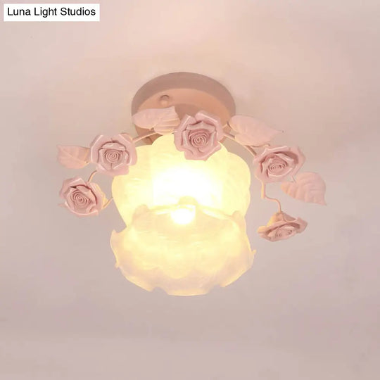 Pastoral Style Ruffle Glass Semi Flush Light In Pink/White/Blue - Perfect For Dining Room Ceiling