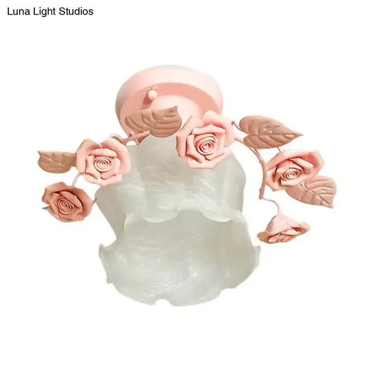 Pastoral Style Ruffle Glass Semi Flush Light In Pink/White/Blue - Perfect For Dining Room Ceiling