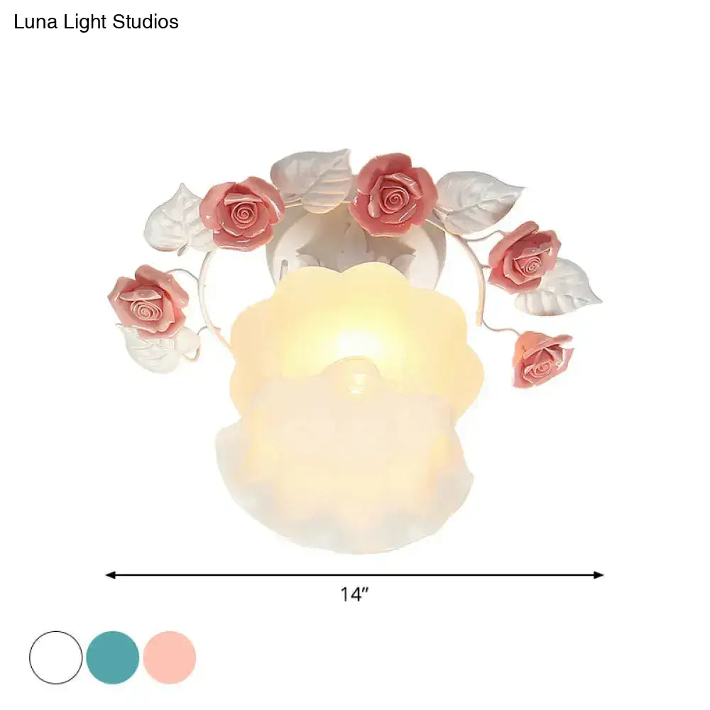 Pastoral Style Ruffle Glass Semi Flush Light In Pink/White/Blue - Perfect For Dining Room Ceiling