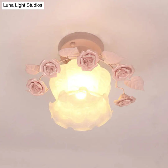 Pastoral Style Ruffle Frosted Glass Semi Flush Mount Ceiling Light - 1-Light Dining Room Lighting In