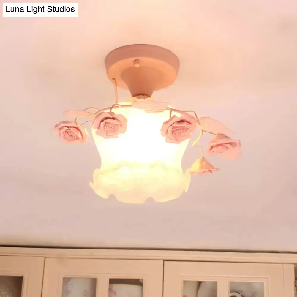 Pastoral Style Ruffle Glass Semi Flush Light In Pink/White/Blue - Perfect For Dining Room Ceiling