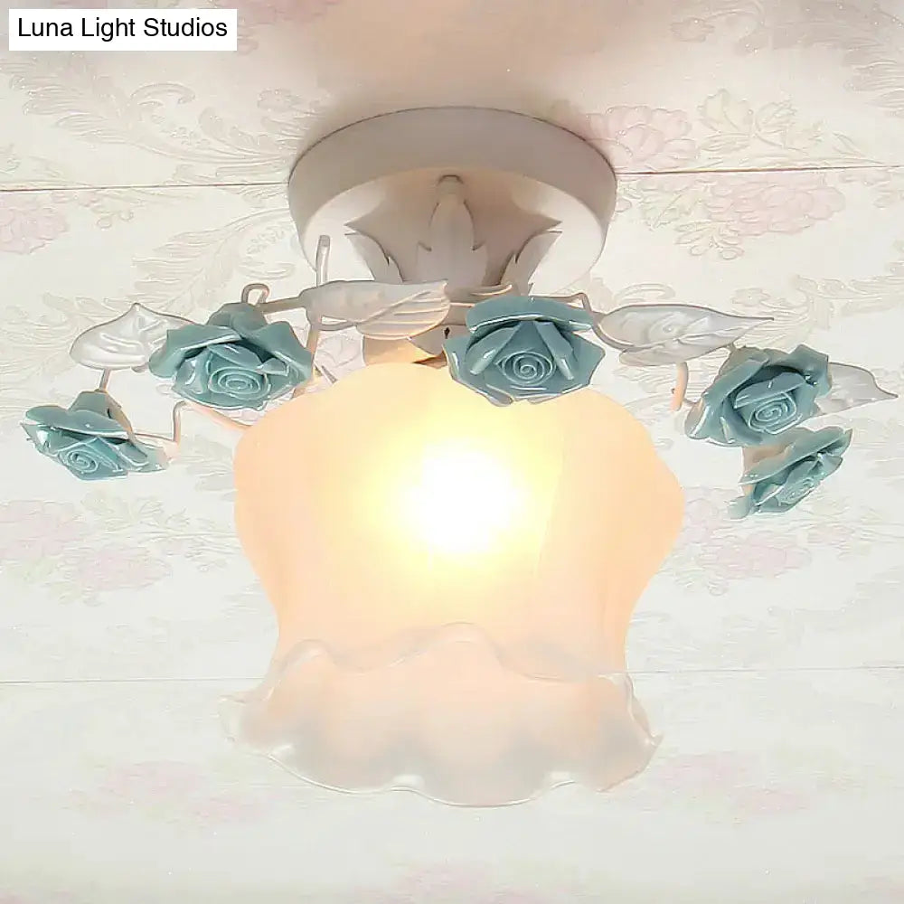 Pastoral Style Ruffle Glass Semi Flush Light In Pink/White/Blue - Perfect For Dining Room Ceiling