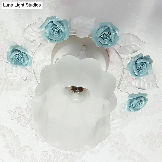 Pastoral Style Ruffle Glass Semi Flush Light In Pink/White/Blue - Perfect For Dining Room Ceiling