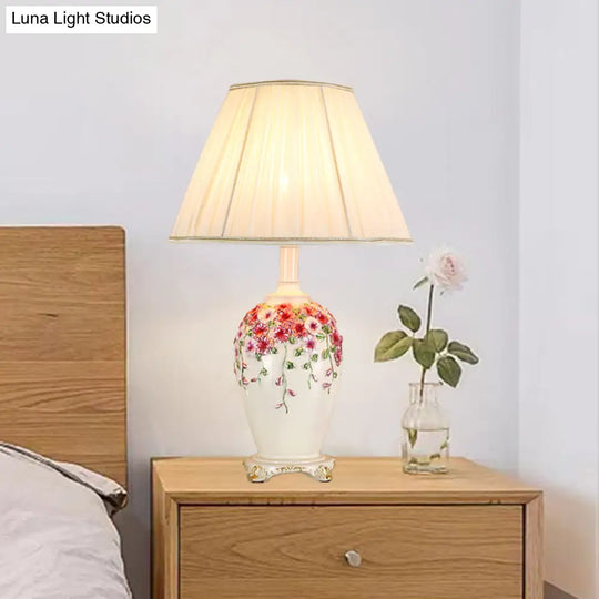 Pastoral Style Table Lamp: Beige/Pink Nightstand Light With Conical Shade Painted Pottery Base