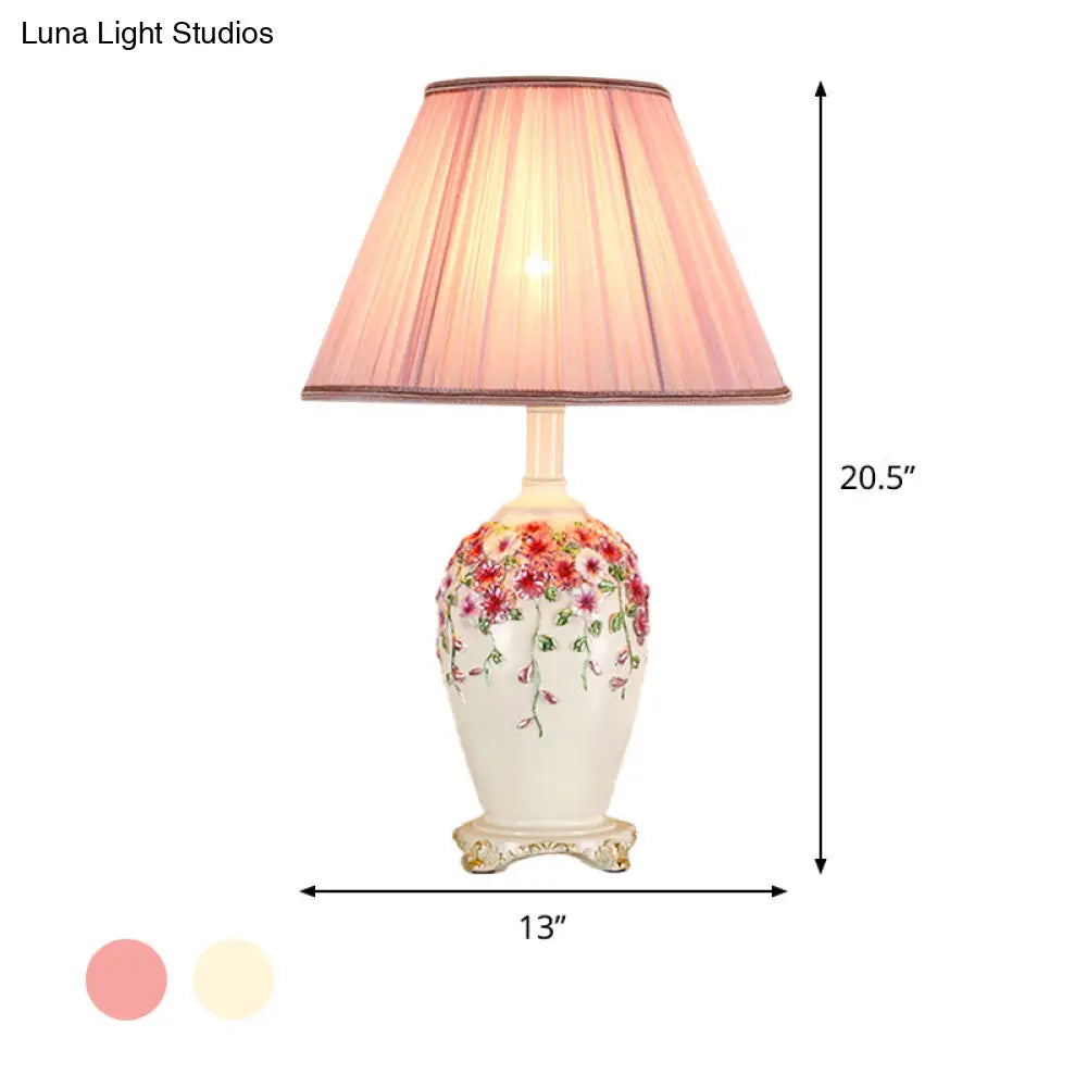 Pastoral Style Table Lamp: Beige/Pink Nightstand Light With Conical Shade Painted Pottery Base