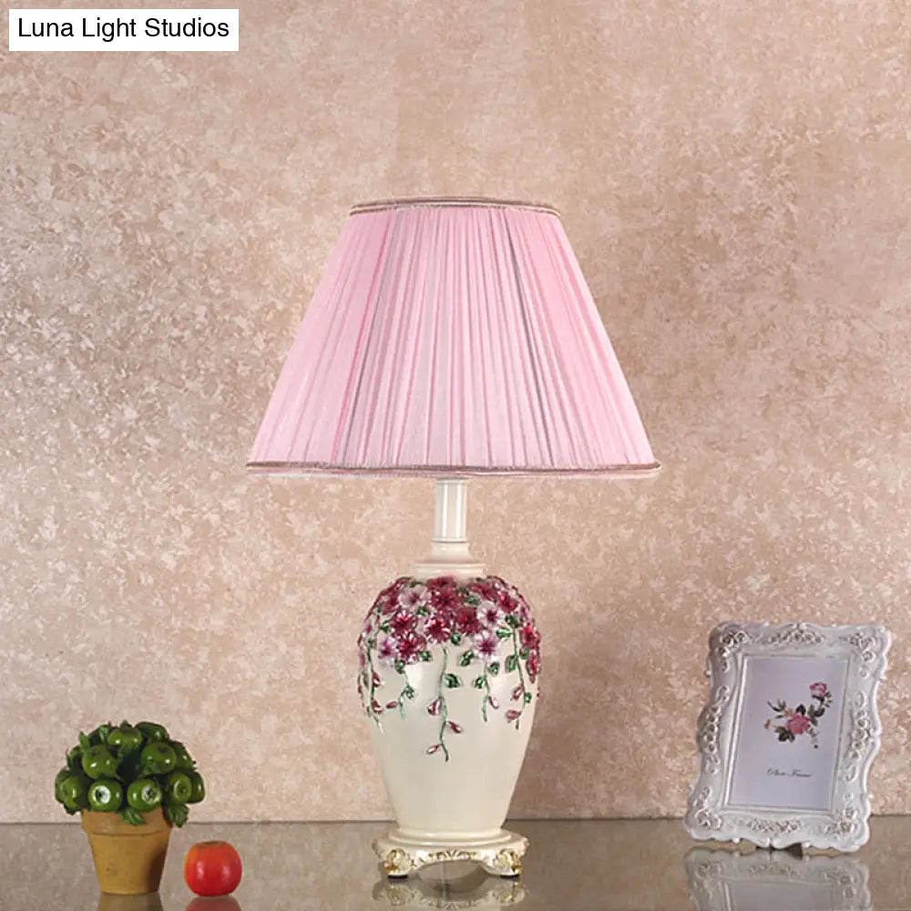 Pastoral Style Table Lamp: Beige/Pink Nightstand Light With Conical Shade Painted Pottery Base