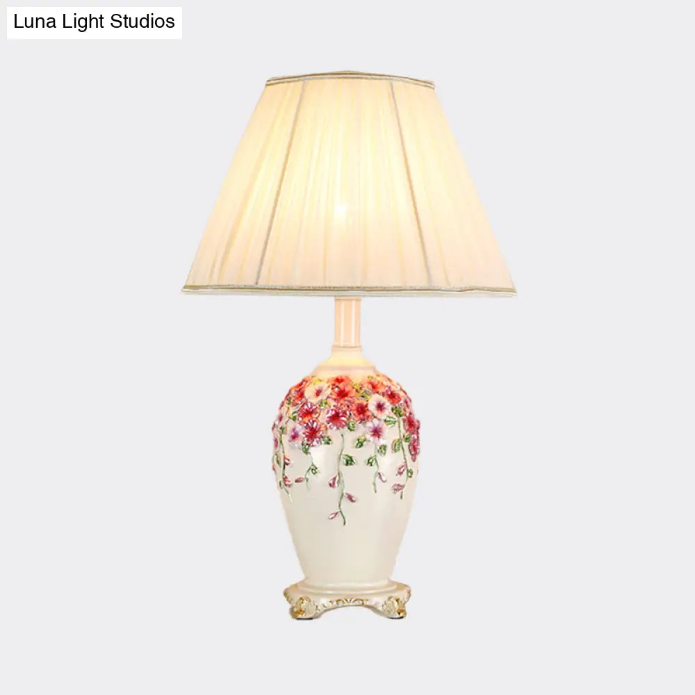 Pastoral Style Table Lamp: Beige/Pink Nightstand Light With Conical Shade Painted Pottery Base