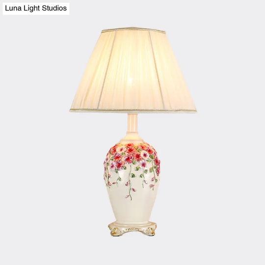 Pastoral Style Table Lamp: Beige/Pink Nightstand Light With Conical Shade Painted Pottery Base