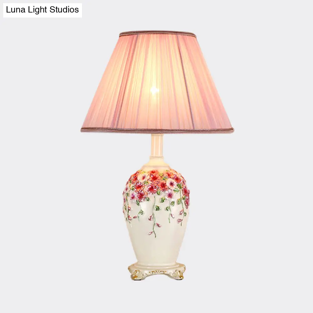 Pastoral Style Table Lamp: Beige/Pink Nightstand Light With Conical Shade Painted Pottery Base