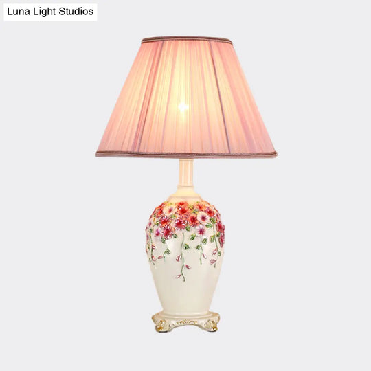 Pastoral Style Table Lamp: Beige/Pink Nightstand Light With Conical Shade Painted Pottery Base