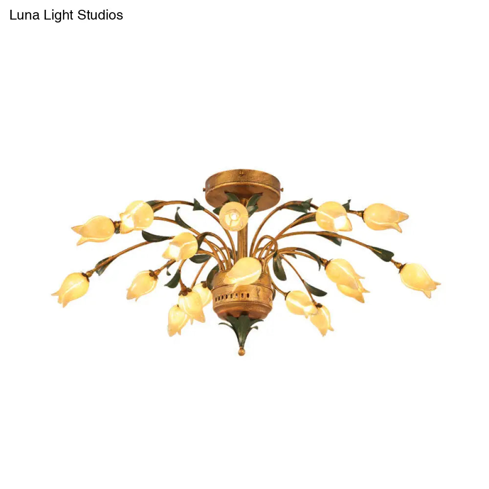 Pastoral Style Tulip Ceiling Lamp With 18 Brass Led Bulbs For Living Room Semi Flush Mount Lighting