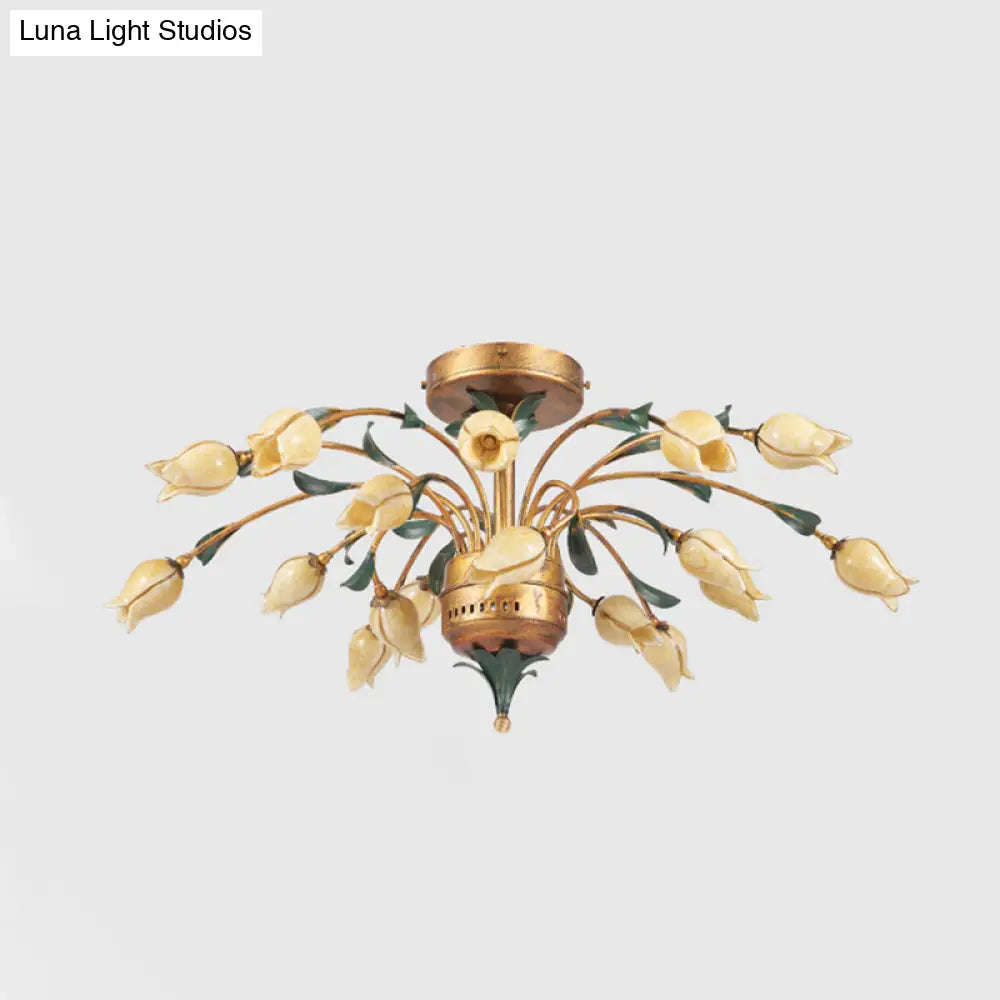 Pastoral Style Tulip Ceiling Lamp With 18 Brass Led Bulbs For Living Room Semi Flush Mount Lighting
