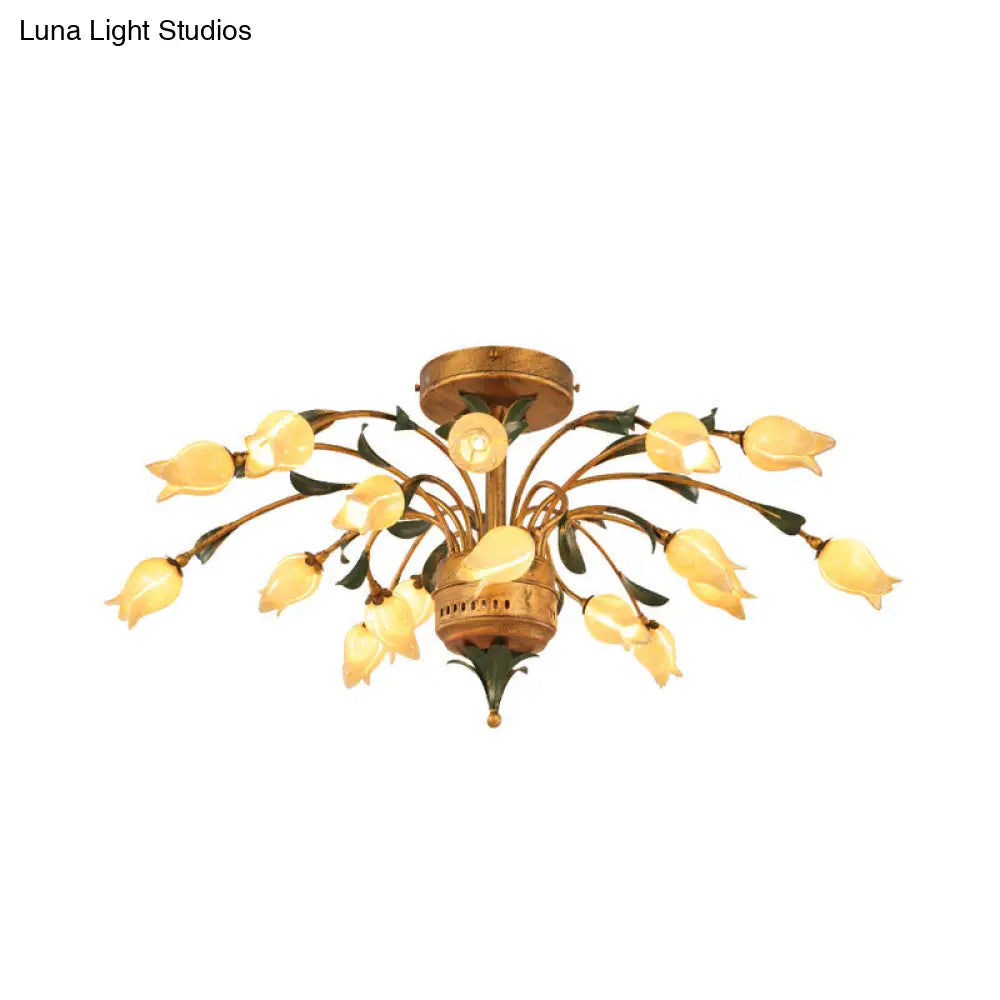 Pastoral Style Tulip Ceiling Lamp With 18 Brass Led Bulbs For Living Room Semi Flush Mount Lighting