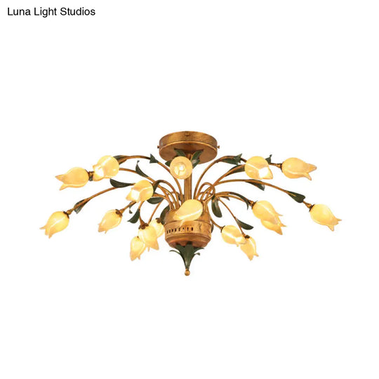 Pastoral Style Tulip Ceiling Lamp With 18 Brass Led Bulbs For Living Room Semi Flush Mount Lighting