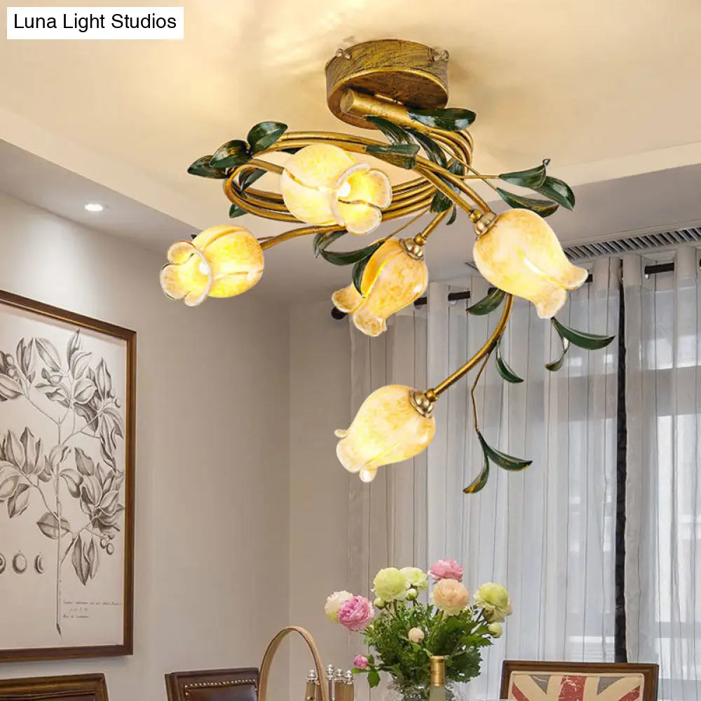 Pastoral Style Tulip Dining Semi - Flush Brass Ceiling Lamp With 5 Led Bulbs