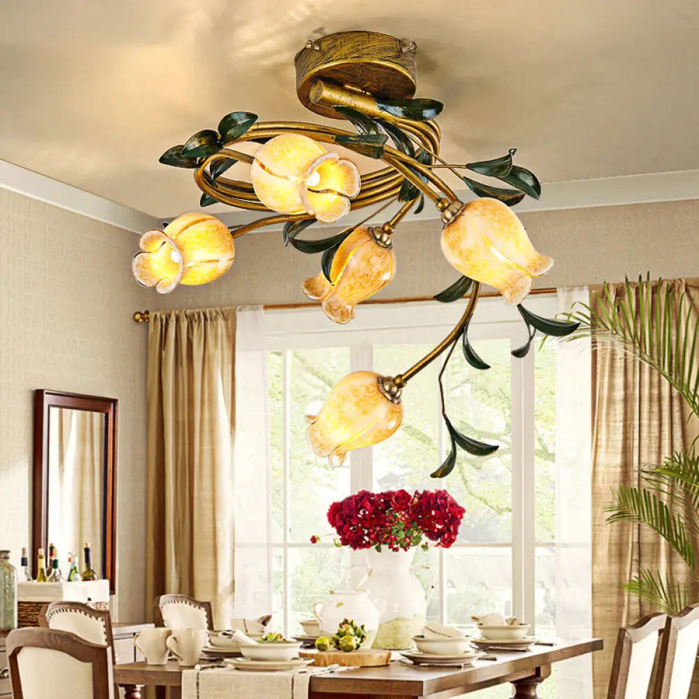 Pastoral Style Tulip Dining Semi - Flush Brass Ceiling Lamp With 5 Led Bulbs