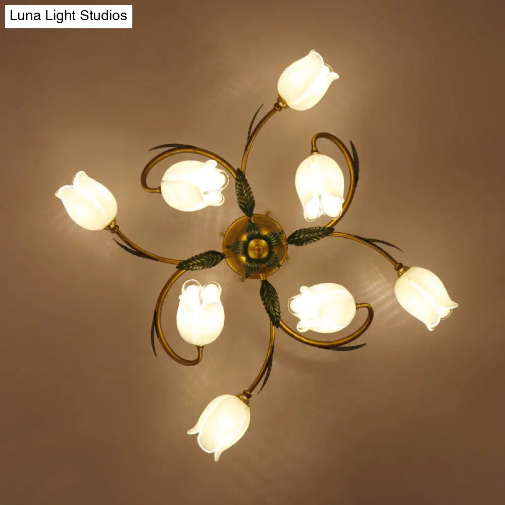 Pastoral Style White Glass Blossom Ceiling Light - Semi Flush Mount Lamp In Brass For Bedroom 8 /