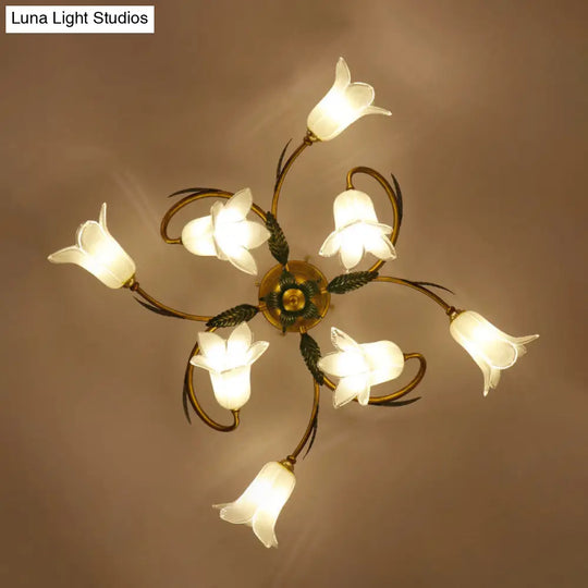 Pastoral Style White Glass Blossom Ceiling Light - Semi Flush Mount Lamp In Brass For Bedroom 8 /