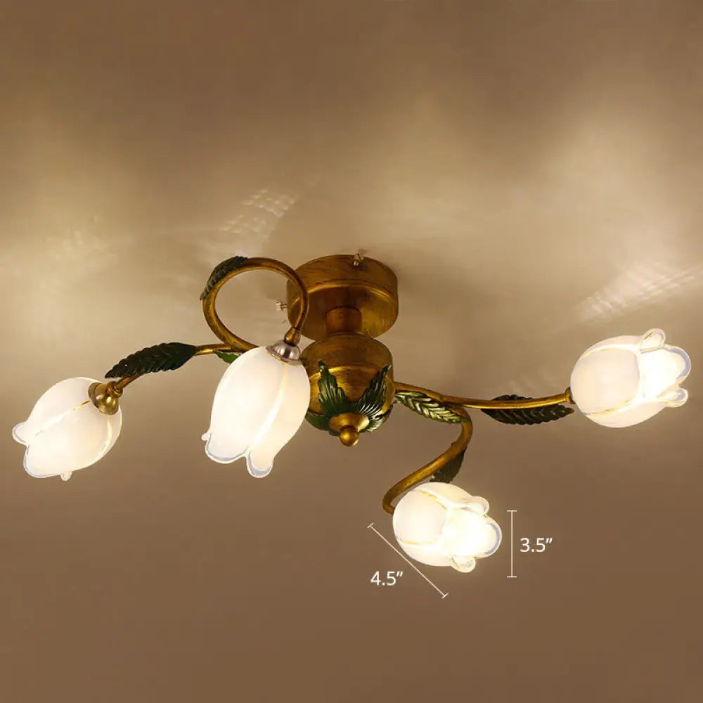 Pastoral Style White Glass Blossom Ceiling Light - Semi Flush Mount Lamp In Brass For Bedroom 4 /