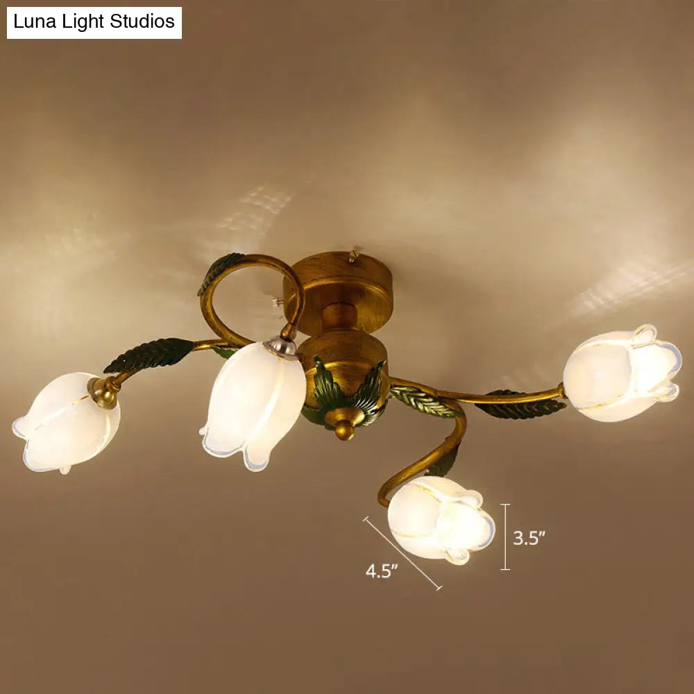 Pastoral Style White Glass Blossom Ceiling Light - Semi Flush Mount Lamp In Brass For Bedroom 4 /