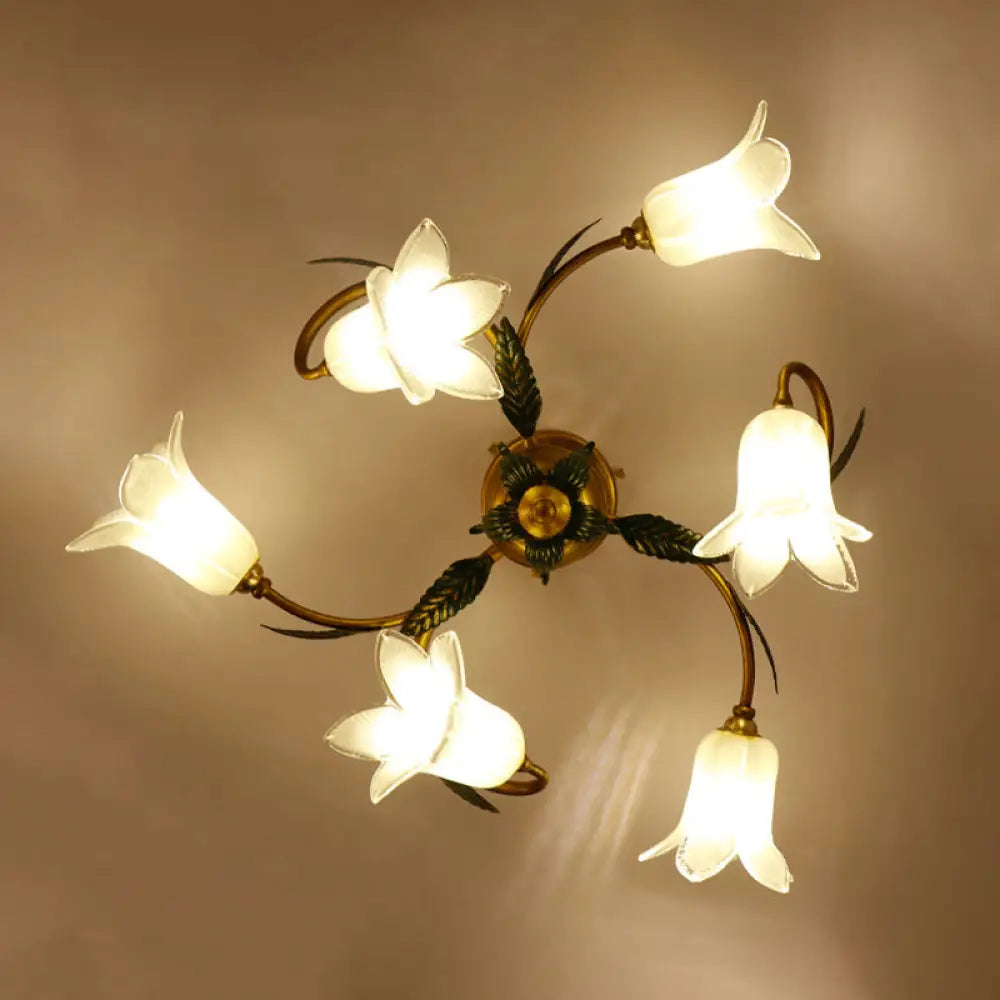 Pastoral Style White Glass Blossom Ceiling Light - Semi Flush Mount Lamp In Brass For Bedroom 6 /