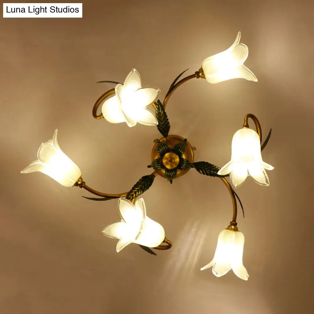 Pastoral Style White Glass Blossom Ceiling Light - Semi Flush Mount Lamp In Brass For Bedroom 6 /
