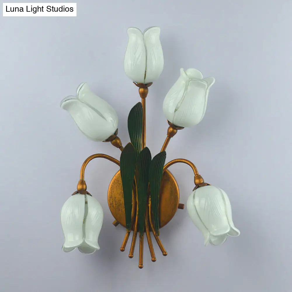 Pastoral Tulip Wall Light: Elegant Opaque Glass Sconce 5 Bulbs Perfect For Living Room Ambiance