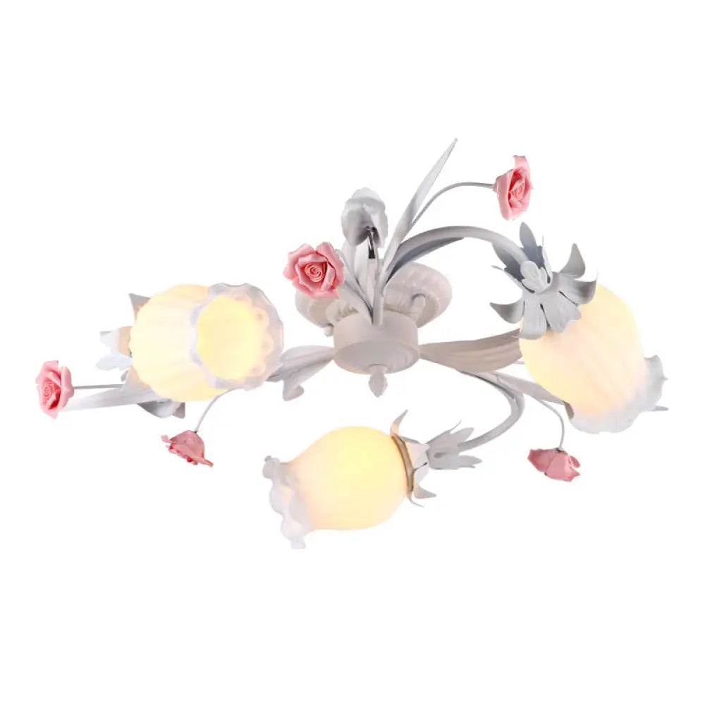 Pastoral White Frosted Glass Flower Semi Flush Mount Ceiling Light With 3 Heads